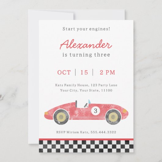 赤いレースカーの誕生日の招待状 案内状 (正面)