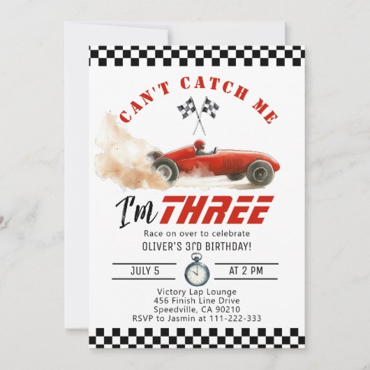 赤いレースカー私をキャッチできない男の子3歳の誕生日 招待状 (正面)