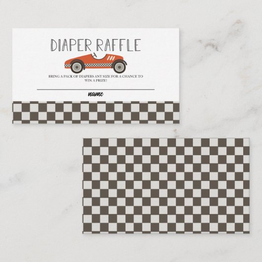 赤いレースカー赤ちゃんシャワーおむつラッフル エンクロージャーカード (正面/裏面)