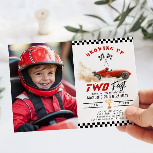 赤いレースカー すくすく育って 速すぎる2歳の誕生日フォト 招待状