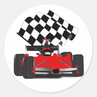 赤いレースカー チェック柄の旗 ラウンドシール