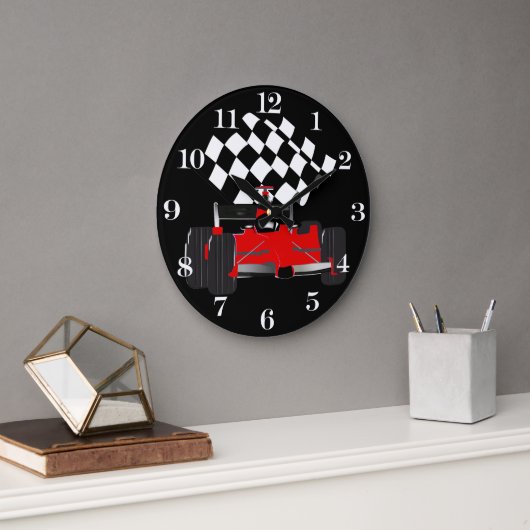 赤いレースカー(旗付市松模様にき) ラージ壁時計 (オフィス)
