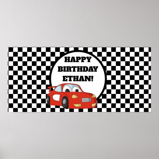 赤いレースカー 黒と白の誕生日パーティーバナー ポスター (正面)