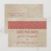 赤いレース素朴日付ポストカードの保存 案内ポストカード (正面/裏面)