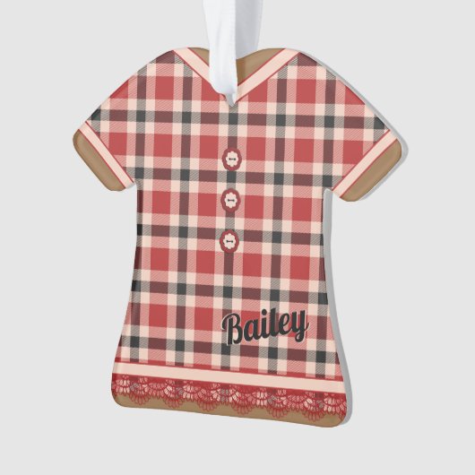 赤いレ素朴ースのフィギュアが入った可愛い格子模様のドレス オーナメント (正面)