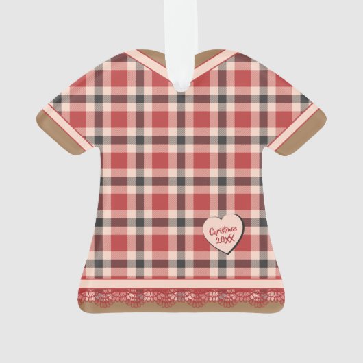 赤いレ素朴ースのフィギュアが入った可愛い格子模様のドレス オーナメント (裏面)