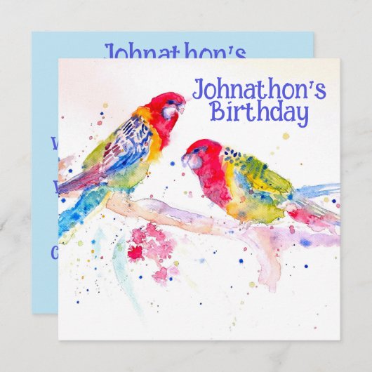 赤いロゼラインコの男の子の誕生日パーティー招待状 招待状 (正面/裏面)