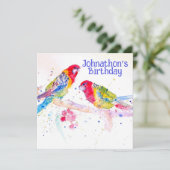 赤いロゼラインコの男の子の誕生日パーティー招待状 招待状 (スタンド正面)