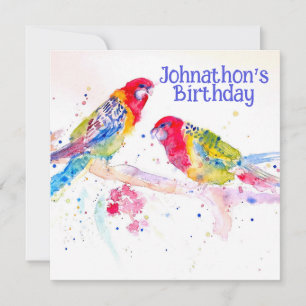 赤いロゼラインコの男の子の誕生日パーティー招待状 招待状