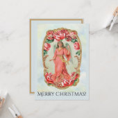 赤いロビクトリアンーズの金ゴールドに囲まれたクリスマスエンジェル カード (正面/裏面インサイチュ)