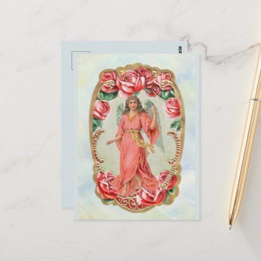 赤いロビクトリアンーズの金ゴールドに囲まれたクリスマスエンジェル ポストカード (正面/裏面インサイチュ)