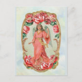 赤いロビクトリアンーズの金ゴールドに囲まれたクリスマスエンジェル ポストカード (正面)