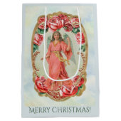 赤いロビクトリアンーズの金ゴールドに囲まれたクリスマスエンジェル ミディアムペーパーバッグ (裏面)