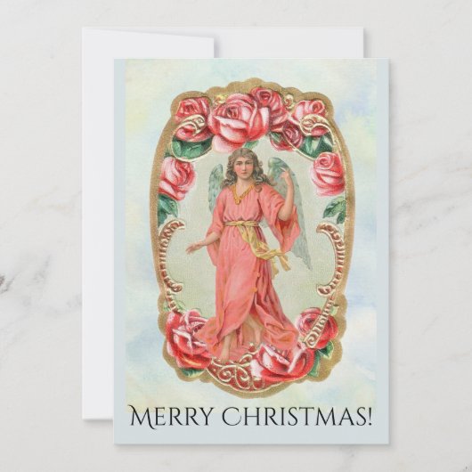 赤いロビクトリアンーズの金ゴールドに囲まれたクリスマスエンジェル 招待状 (正面)