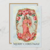 赤いロビクトリアンーズの金ゴールドに囲まれたクリスマスエンジェル 招待状 (正面/裏面)