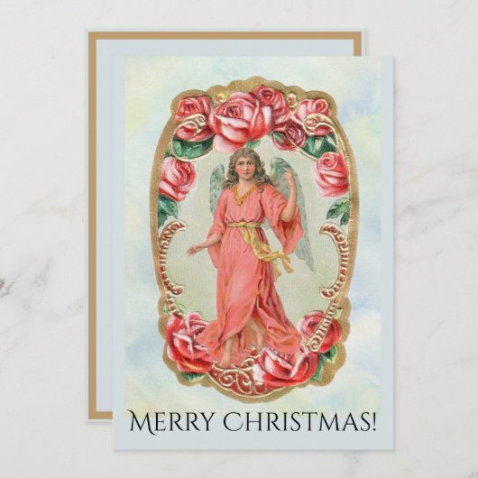 赤いロビクトリアンーズの金ゴールドに囲まれたクリスマスエンジェル 招待状 (正面/裏面)