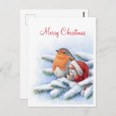 赤いロビンを持つ小さなサンタ ポストカード (正面/裏面)