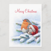 赤いロビンを持つ小さなサンタ ポストカード (正面)