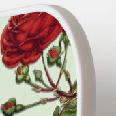 赤いロングステムバラパターンミントグリーンバックグラウンド ピックルボールラケット (左詳細)