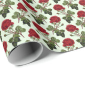 赤いロングステムバラパターンミントグリーンバックグラウンド ラッピングペーパー (ロールコーナー)