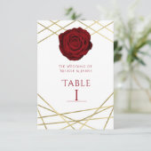 赤いローズと金ゴールドラインのフローラエレガントテーブル番号 招待状 (スタンド正面)