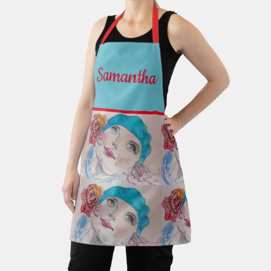 赤いローズウォーターカラーベレーティール（緑がかった色）赤エプロンの女の子 エプロン (インサイチュ)