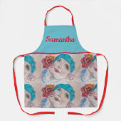 赤いローズウォーターカラーベレーティール（緑がかった色）赤エプロンの女の子 エプロン (正面)