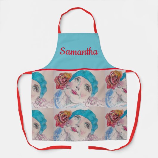 赤いローズウォーターカラーベレーティール（緑がかった色）赤エプロンの女の子 エプロン (正面)