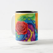 赤いローズオン抽象芸術虹の背景 ツートーンマグカップ (正面左)