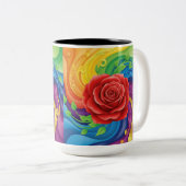 赤いローズオン抽象芸術虹の背景 ツートーンマグカップ (正面右)