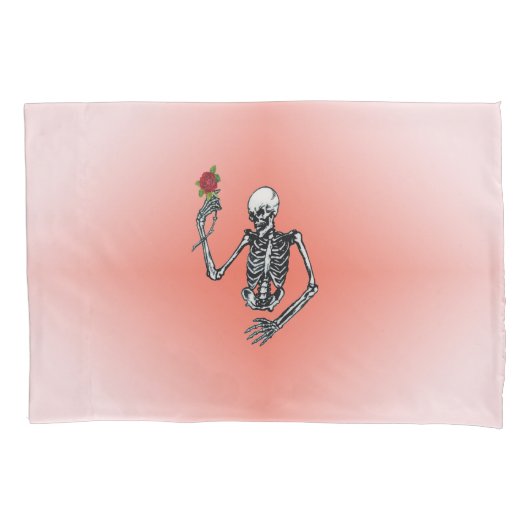 赤いローズピンクを保持するゴシック体の半骨格 枕カバー (正面左)