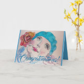 赤いローズベレットのお祝いのカードを持つ少女 カード (黄色い花)