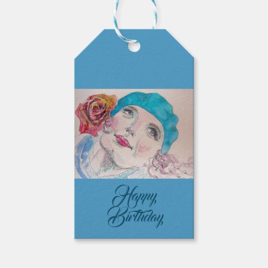 赤いローズベレットを持つ女の子はあなたへの贈り物ラベル ギフトタグ (正面)