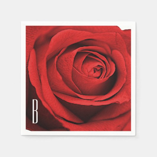 赤いローズホワイト（任意の色）グラムモノグラム スタンダードカクテルナプキン (正面)