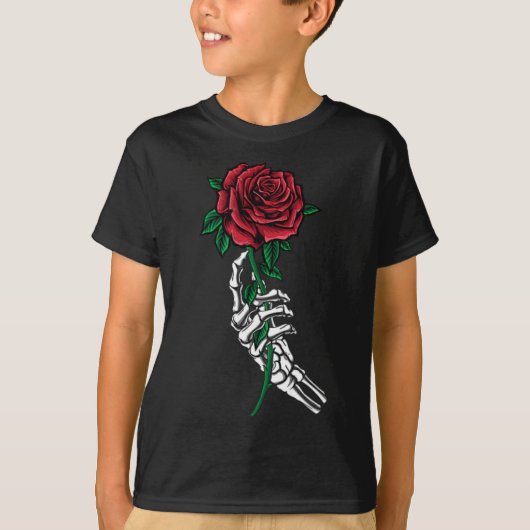 赤いローズポケットのハロウィーンを持つスケルトンハンド Tシャツ (正面)