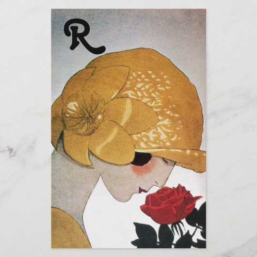 赤いローズモノグラムを持つ女性 便箋 (正面)