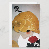 赤いローズモノグラムを持つ女性 便箋 (正面/裏面)