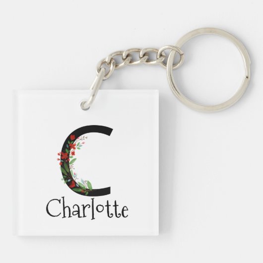 赤いワイルドフラワーウォータカラーモノグラム キーホルダー (裏面)