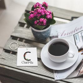 赤いワイルドフラワーウォータカラーモノグラム キーホルダー