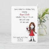 赤いワインを飲む誕生日パーティーの棒人間女子 招待状 (スタンド正面)