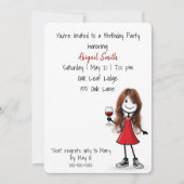 赤いワインを飲む誕生日パーティーの棒人間女子 招待状 (正面)
