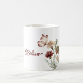 赤いワインレッド色の白い蝶の花 コーヒーマグカップ