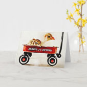 赤いワゴンにベビーのひな2羽 カード (黄色い花)