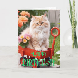 赤いワゴンに乗ったクリーム+ジンジャー模様のトラ猫の誕生日 カード