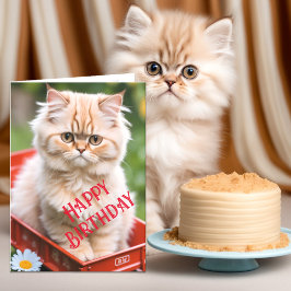 赤いワゴンに乗ったジンジャーとクリームのタビー猫の誕生日 カード