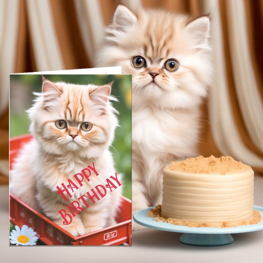 赤いワゴンに乗ったジンジャーとクリームのタビー猫の誕生日 カード