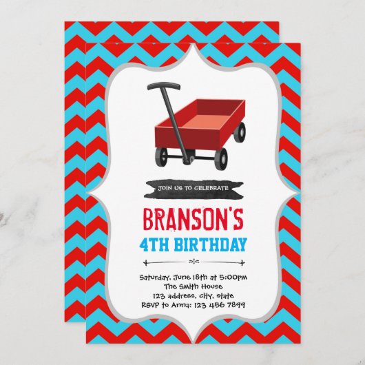赤いワゴンの誕生日パーティーの招待状 招待状 (正面/裏面)