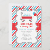 赤いワゴン誕生日の招待状、男の子の誕生会 招待状 (正面)