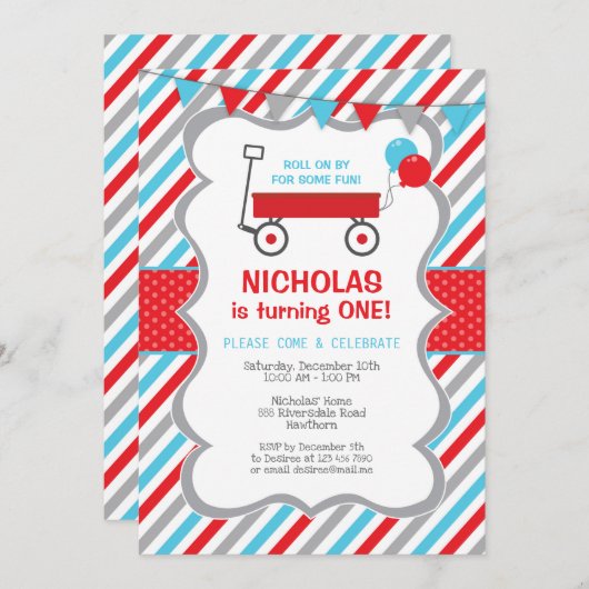 赤いワゴン誕生日の招待状、男の子の誕生会 招待状 (正面/裏面)