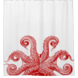 赤いヴィンテージのタコの触手のイラストレーション シャワーカーテン